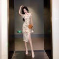花色收腰小飞袖改良版旗袍
